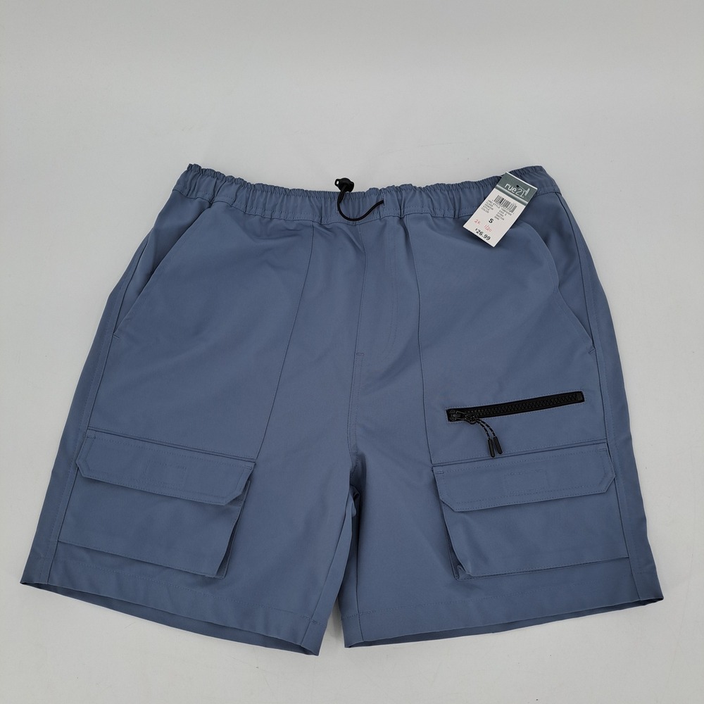 rue21 Volley Shorts Mens Small 100% Polyester Blue Solid Cargo Utility Pockets